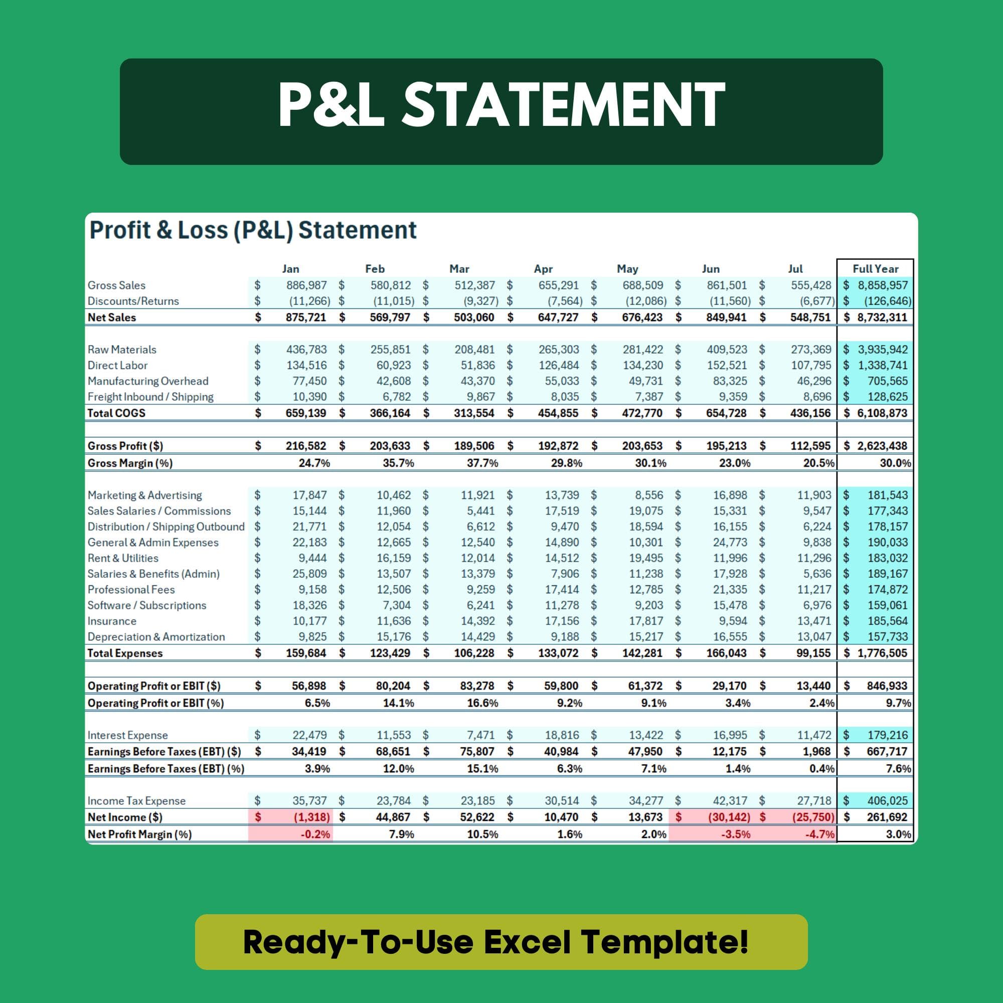 Business Finance Template — P&L Statement